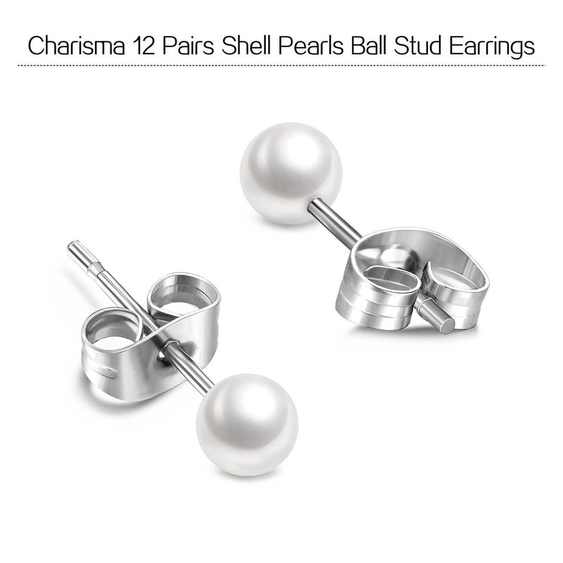 Charisma 5mm Composite Pearl Stud Earrings Round Ball Pearls Hypoallergenic 12 Pairs Imitation Pearl Earrings Set for Women - Image 2
